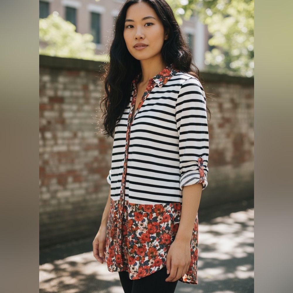 Anthropologie Black and White Striped Floral Poppy Button Down
